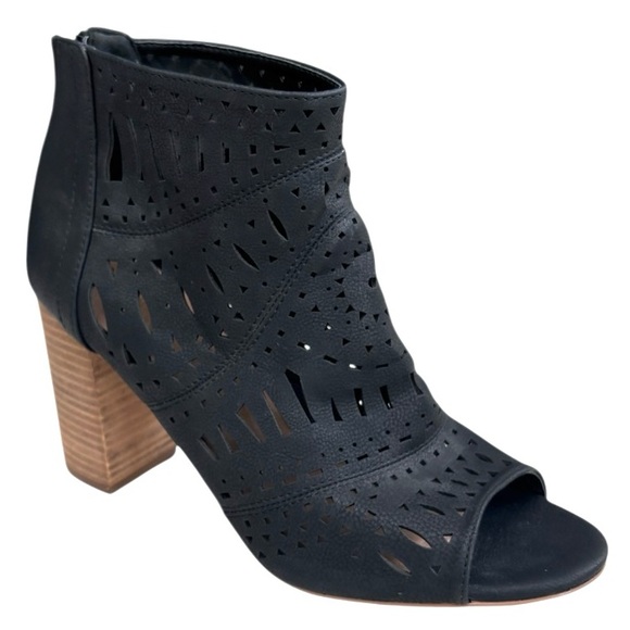 Suede Peep Toe Booties Chunky Block Heel Cut Out Heeled Ankle Booties Black - Picture 5 of 16